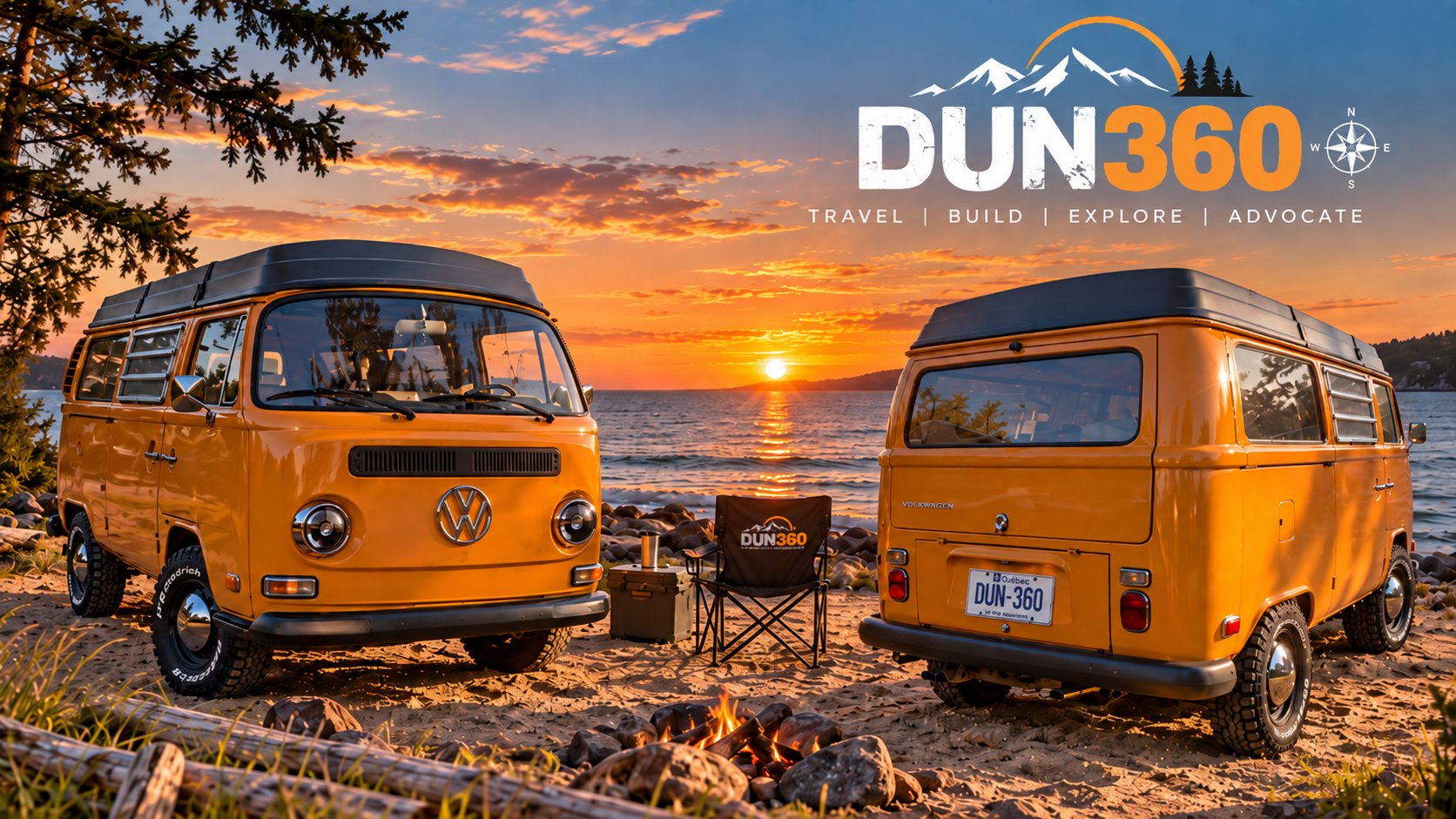 Two orange Volkswagen camper vans and a campfire beside the water at sunset. DUN360 — Travel, Build, Explore, Advocate.